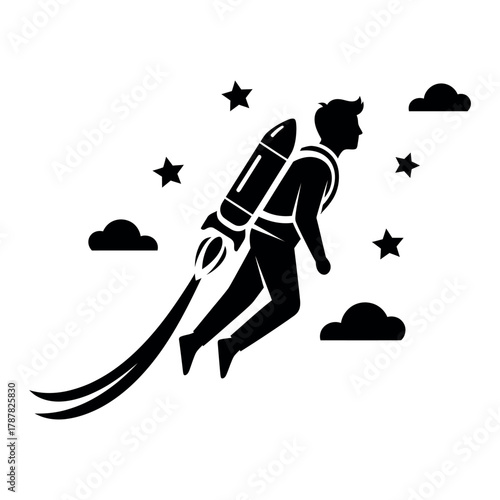 Bold black silhouette of a person soaring upward with a jetpack isolated on white background