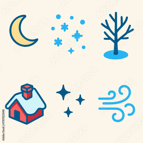 Winter Icon Set. Silent Winter Sky modern flat icon set: faint moon, falling snow, leafless tree, cottage roof, distant star cluster, frosty wind.