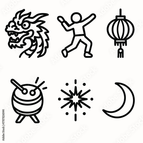 Chinese New Year Icons. Chinese New Year Cultural Dance outline icon set: dragon tail, dancer in motion, drumbeat, red lantern, spark, moon.