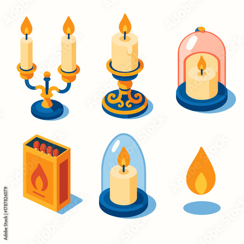 Minimalist Candle Icon Set. Classic Candlelight modern flat icon set: twin stand, pillar candle, ornate base, wax melt, matchbox, glass shield, flame, shadow.