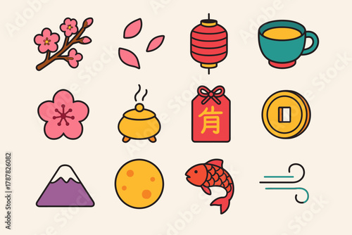 Lunar Celebration Icons. Lunar Blossom Celebration modern flat icon set: branch in bloom, floating petals, paper lantern, tea cup, plum flower, incense burner, lucky charm, golden