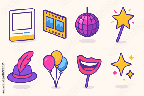Colorful Photo Booth Icons. Picture Booth modern flat icon set: selfie frame, photo reel, disco ball, star wand, feather hat, balloon bunch, smile prop, sparkles.