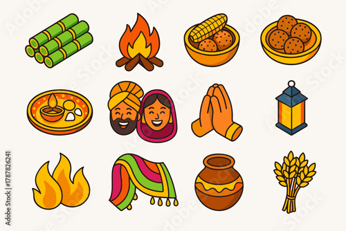 Vibrant Lohri Icons. Lohri Traditional Offering modern flat icon set: stacked sugarcane, bright fire, roasted corn bowl, sesame sweets, festive tray, joyful faces, folded hands,