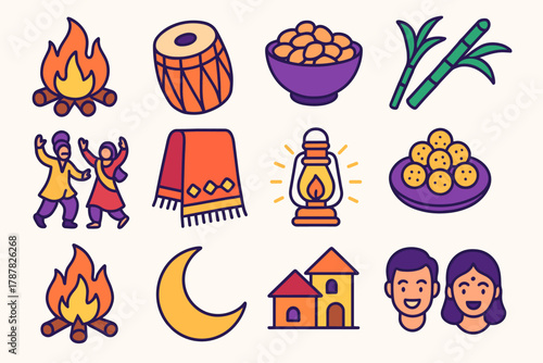 Lohri Festival Icons. Lohri Family Celebration modern flat icon set: bonfire flames, dhol drum, bowl of peanuts, sugarcane stalks, dancing figures, festive shawl, lantern glow,