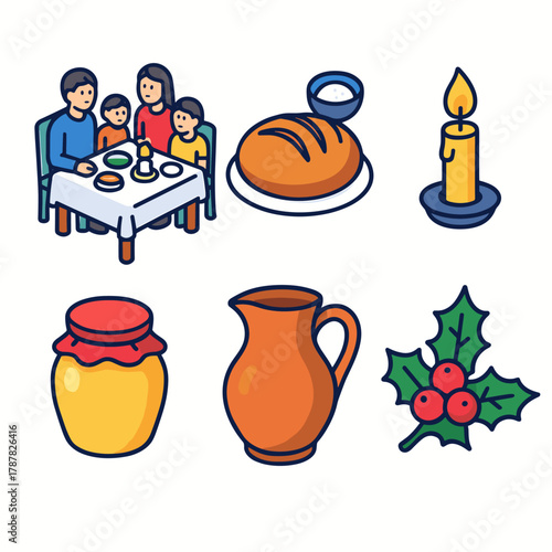 Orthodox Christmas Icons. Orthodox Christmas Gathering modern flat icon set: family at table, bread and salt, lit candle, honey jar, pitcher, holly branch.