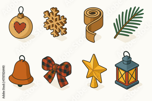 Isometric Christmas Icons. Country Christmas Style modern flat icon set: handmade ornaments, wooden snowflake, burlap ribbon, pine branch, rustic bell, plaid bow, tree topper star,