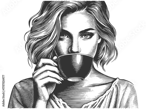 woman sipping coffee from a cup, drawn in a classic engraving style with fine linework sketch engraving generative ai fictional character vector illustration. Scratch board. Black and white image.