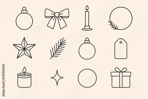 Minimalistic Holiday Icons. Neutral Holiday Decor outline icon set: beige ornament, linen bow, taper candle, minimal wreath, paper star, pine twig, smooth bauble, tag label, candle