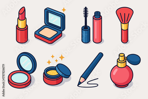 Glamorous Makeup Icons. Winter Glamorous Makeup modern flat icon set: red lipstick, shimmering eyeshadow, mascara wand, blush brush, compact mirror, glitter dust, eyeliner pencil,