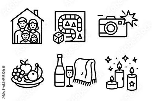 New Year Family Icons. New Year Family Celebration outline icon set: home living room, board game set, fruit platter, sparkling juice, photo camera flash, star confetti, cozy