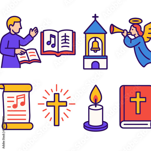 Orthodox Christmas Icon Ensemble. Orthodox Christmas Sacred Songs modern flat icon set: choir director, open scripture, bell tower, angel with trumpet, hymn scroll, radiant cross,
