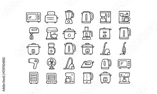 Collection of hand drawn kitchen appliances and home electronics icons