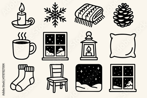 Cozy Christmas Icons. Christmas Peaceful Evening outline icon set: candlelight, snowflake, wool blanket, pinecone, steaming mug, frosted window, lantern glow, cozy pillow, wool