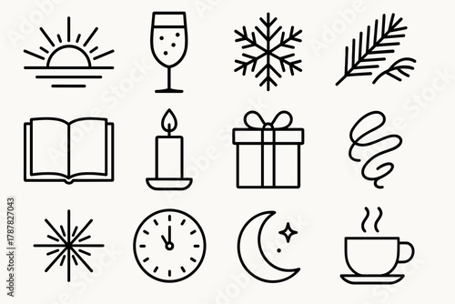 Festive Icons Celebrate New Year. Christmas & New Year New Beginnings outline icon set: sunrise, champagne glass, snowflake, pine branch, open journal, candle flame, gift box,