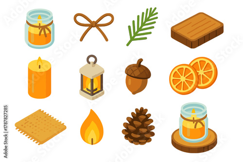 Rustic Candle Icons. Rustic Candle Arrangement modern flat icon set: mason jars, twine bows, pine sprigs, bark tray, wax pillar, small lantern, acorns, dried oranges, burlap cloth,