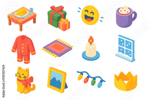 Family Holiday Icons. Family Holiday Moments modern flat icon set: dinner table, wrapped gifts, laughter icon, cocoa mug, pajamas, cozy rug, candle, window snow, pet with bow,