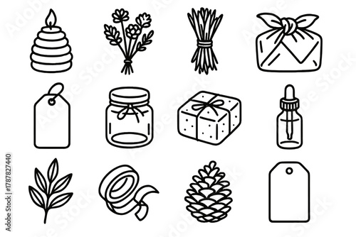 Handmade Gift Icons. Natural Handmade Gifts outline icon set: beeswax candle, dried flowers, herb bundle, linen wrap, wooden tag, glass jar, soap bar, essential oil bottle, leaf