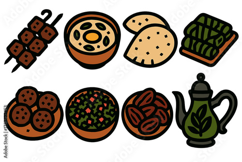 Middle Eastern Feast Icons. Middle Eastern Festive Meals bold vector icon set: lamb kebabs, hummus bowl, pita bread, stuffed grape leaves, falafel balls, tabbouleh salad, dates