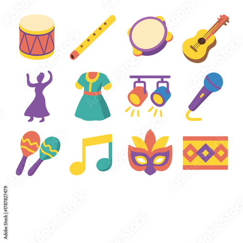 Folk Performance Icons. Global Folk Performance modern flat icon set: drum, flute, tambourine, guitar, dancer silhouette, costume, stage lights, microphone, maracas, music notes,
