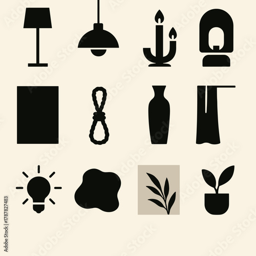 Minimalist Light Icons. Minimal Light Decor bold vector icon set: standing lamp, light fixture, candle holder, glass shade, neutral wall, woven cord, ceramic vase, linen curtain,