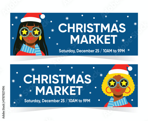 Modern and vibrant Christmas market banners featuring fashionable women in Santa hats and star-shaped glasses on a blue snowy background. Perfect for holiday promotions, events, or festive advertising