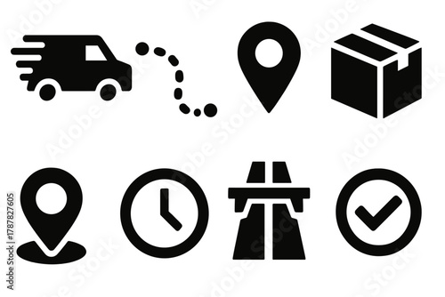 Brutalist Delivery Icons. Delivery Van Route bold vector icon set: van in motion, dotted path, GPS marker, delivery box, map pin, clock icon, highway sign, arrival check.