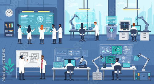 Scientists conduct research in a modern laboratory with advanced equipment and digital displays, collaborating and analyzing data.