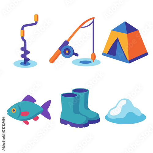 Winter Fishing Icons. Icy Catch modern flat icon set: ice drill, rod with reel, small tent, caught fish, boots, snow mound.