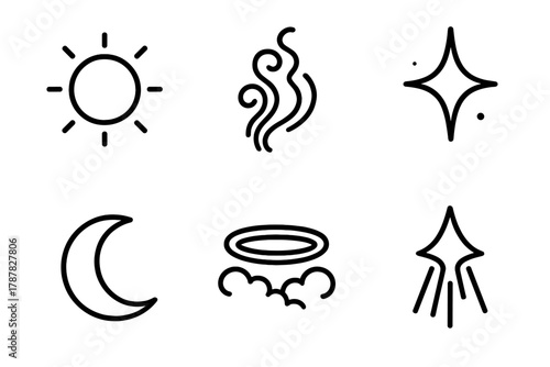 Ethereal Icons Collection. Ethereal Glow outline icon set: soft light orb, mist swirl, sparkle, moon, halo, beam.