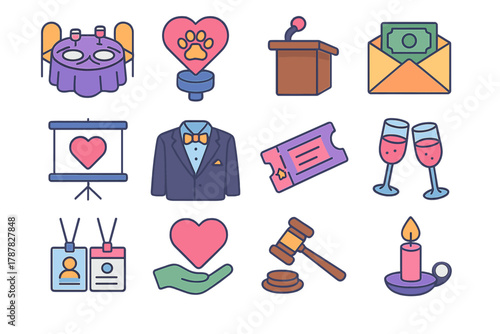 Gala Icon Set. Benefit Gala modern flat icon set: elegant table setup, heart and paw centerpiece, microphone on podium, donation envelope, projector screen, formal attire, event
