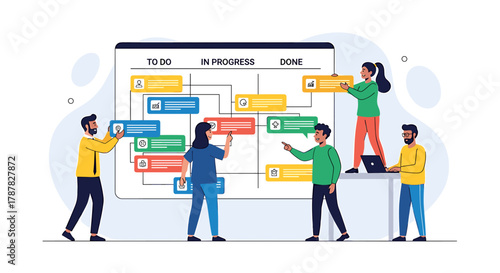 A team of people collaborating to organize tasks on a project management board.