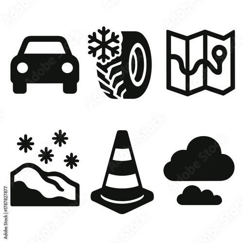 Icy Adventure Icons. Icy Road Adventure bold vector icon set: car silhouette, frozen tire, map, snow drift, roadside cone, cloud.