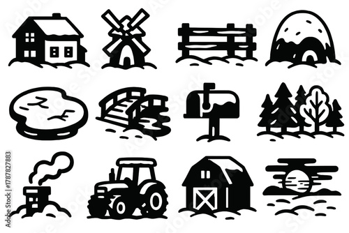 Frozen Countryside Icons. Frozen Countryside bold vector icon set: farmhouse, windmill, snow fence, haystack, frozen pond, wooden bridge, mailbox, tree line, chimney smoke, tractor