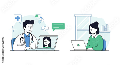 Doctor consulting with a female patient via video call on a laptop, with medical icons floating around. Another woman works on her laptop nearby.