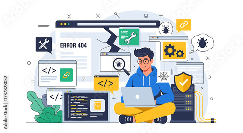 A man sits cross-legged with a laptop surrounded by coding windows, icons, and an error message, illustrating software development.