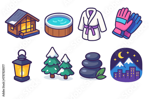 Luxury Alpine Escapade. Luxury Alpine Retreat modern flat icon set: modern chalet exterior, infinity hot tub, fluffy robe, ski gloves, glowing lantern, snowy pine trees, spa stones