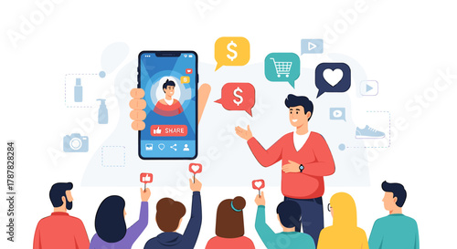 A presenter demonstrating a live stream on a smartphone, interacting with an audience.