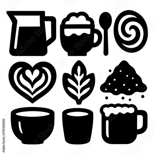 Brutalist Coffee Icons. Art of Foam bold vector icon set: pitcher, coffee cup, spoon, froth swirl, pattern heart, leaf design, cocoa powder, mug rim.