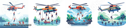 Helicopter rescuing people from a flooded area, rescuers lifting victims with ropes, flat design, simple and minimalistic style, white background, clean vector illustration
