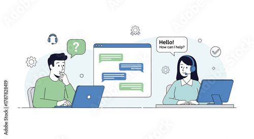 Illustration depicting customer service representatives assisting clients through online chat platforms.