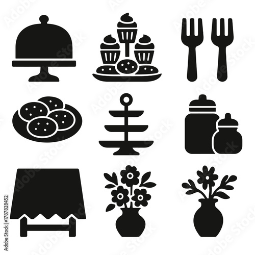Brutalist Dessert Icons. Dessert Table Setup bold vector icon set: cake stand, cupcake tower, cookie plate, dessert forks, glass jars, tiered tray, tablecloth, floral centerpiece.