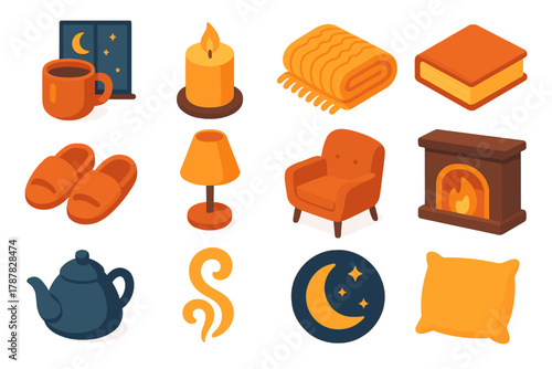 Cozy Evening Icons. Evening Warmth modern flat icon set: mug by window, candle, wool blanket, book, slippers, lamp, cozy chair, fireplace glow, tea kettle, steam swirl, moonlight,