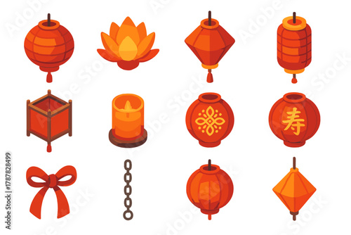 Vibrant Lantern Icons. Cultural Lantern Designs modern flat icon set: round lantern, lotus lantern, diamond lantern, silk tassel, bamboo frame, candle inside, decorative pattern,