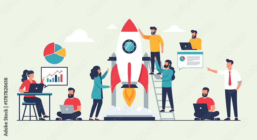 Naklejka premium Team launching a rocket, working on laptops, and viewing charts, symbolizing business startup and growth.