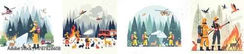 Firefighters spraying water on a forest fire while helping animals escape, flat design, simple and minimalistic style, white background, clean vector illustration