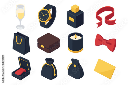Luxury Gift Icons. High-End Gift Set modern flat icon set: champagne flute, wristwatch, fragrance bottle, velvet ribbon, gift bag, leather case, candle, bow tie, silk tie box, gold