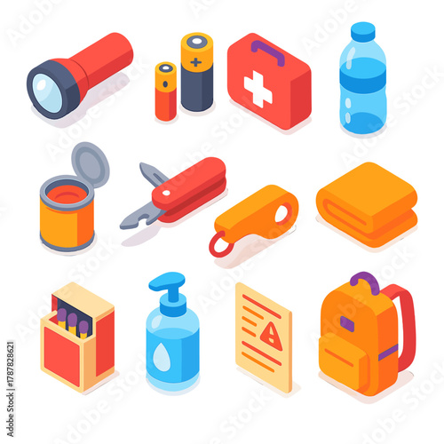 Isometric Survival Kit Icons. Basic Survival Kit modern flat icon set: flashlight, batteries, first aid box, bottled water, canned food, multi-tool, blanket, whistle, matches, hand
