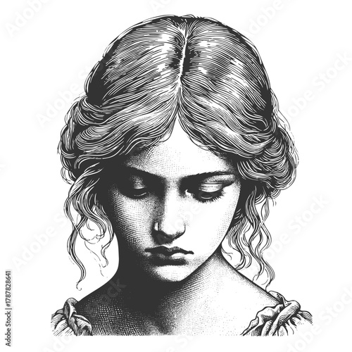 sorrowful woman with downcast eyes, reminiscent of classical sculpture or vintage etching sketch engraving generative ai fictional character vector illustration. Scratch board. Black and white image.