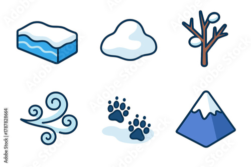 Winter Icon Set. Silent Winter Flow modern flat icon set: frozen waterline, snow pile, twig, frosty air, animal tracks, mountain slope.
