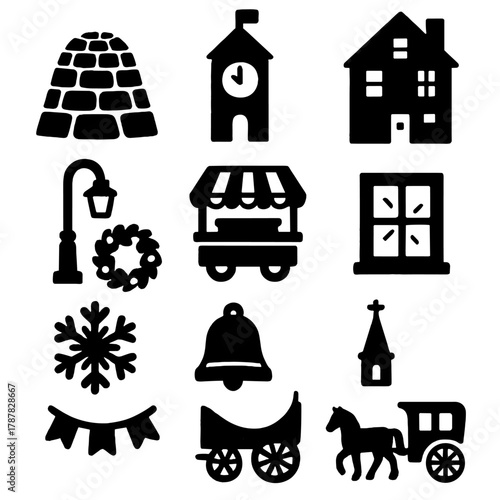 Old Town Icon Set. Old Town Charm bold vector icon set: cobblestone street, clock tower, brick house, lamppost, wreath, market stall, window light, snowflake, bell, garland, church
